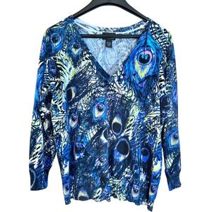 Lane Bryant Peacock Feather Print V-Neck Long Sleeve Sweater Top Plus Size 22/24